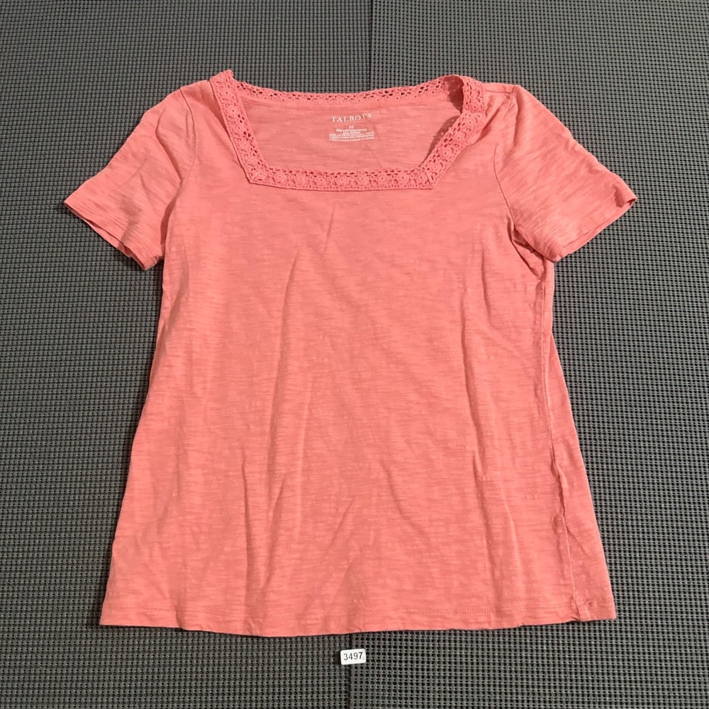 Talbots Womens Petite SP Coral Pink Crochet Lace Square Neck Short Sleeve Top